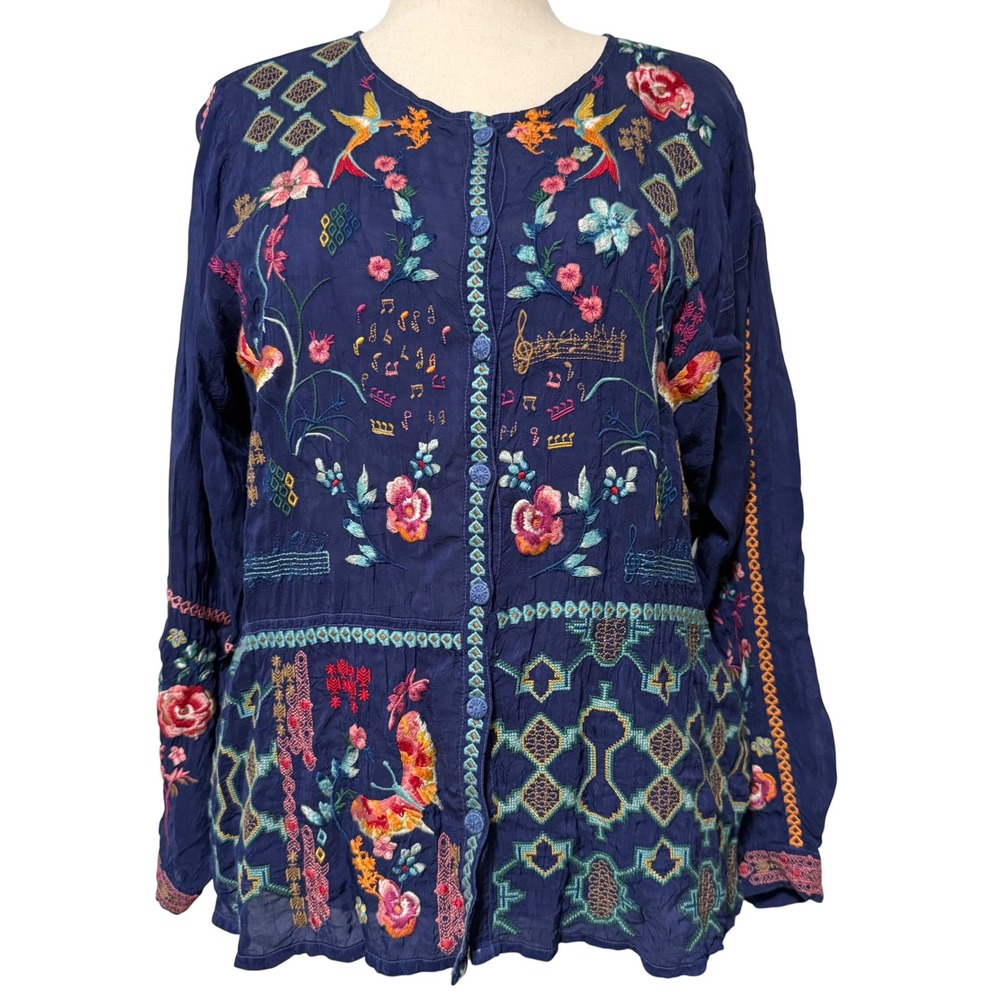 Johnny Was Catina Blouse Button Tunic Shirt Womens XL floral nature embroidered - Picture 1 of 14